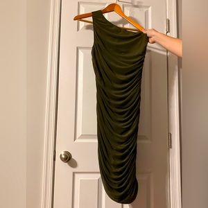 PRETTY GARDEN Dark Green One Shoulder Ruched BodyCon Party Dress, Size Large